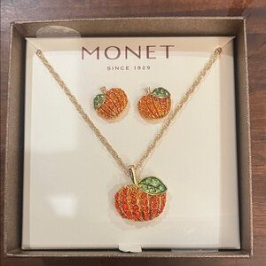 Monet Gold Tone Pendant Necklace and Earrings set with Orange and Green Pumpkin